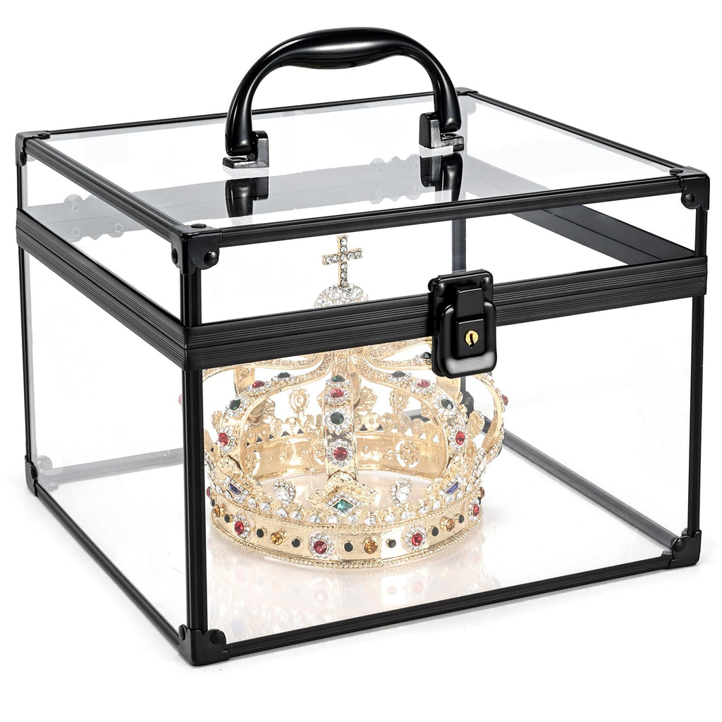 Costravio Clear Makeup Case Crown Box Toiletry Organizer Case Transparent Train Case with Latches Travel Artists Display Case for Vanity Bathroom Counter Dresser Craft Toys Case Makeup Tools Box