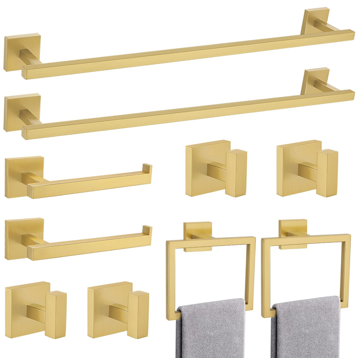 TQKAG 5-Pieces Brushed Gold Bathroom Hardware Accessories Set 23.6" SUS304 Stainless Steel Towel Bar Set Wall Mounted Square Toilet Paper Holder with Shelf