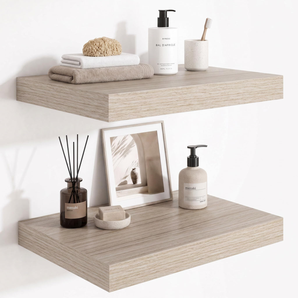 Deep Floating Shelves for Wall, 12 Inch Wide Small Wall Shelves Set of 2, 2 Inch Thick Invisible Wall Mounted Shelves for Bathroom Bedroom Nursery,Walnut Color