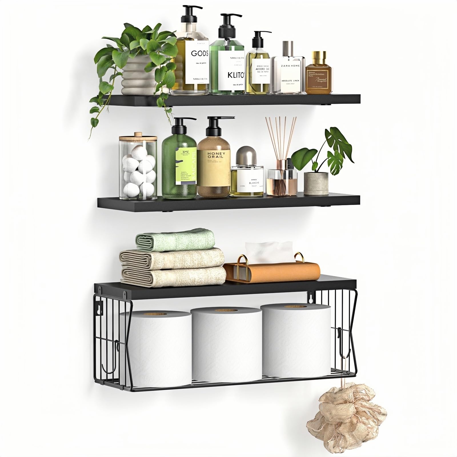 Floating Bathroom Shelves Wall Mounted - Wooden Shelf Set of 3 for Over Toilet Storage & Modern Bathroom Decor - Perfect Wall Shelving Organizer for Apartments RVs Powder Rooms Restroom - Black