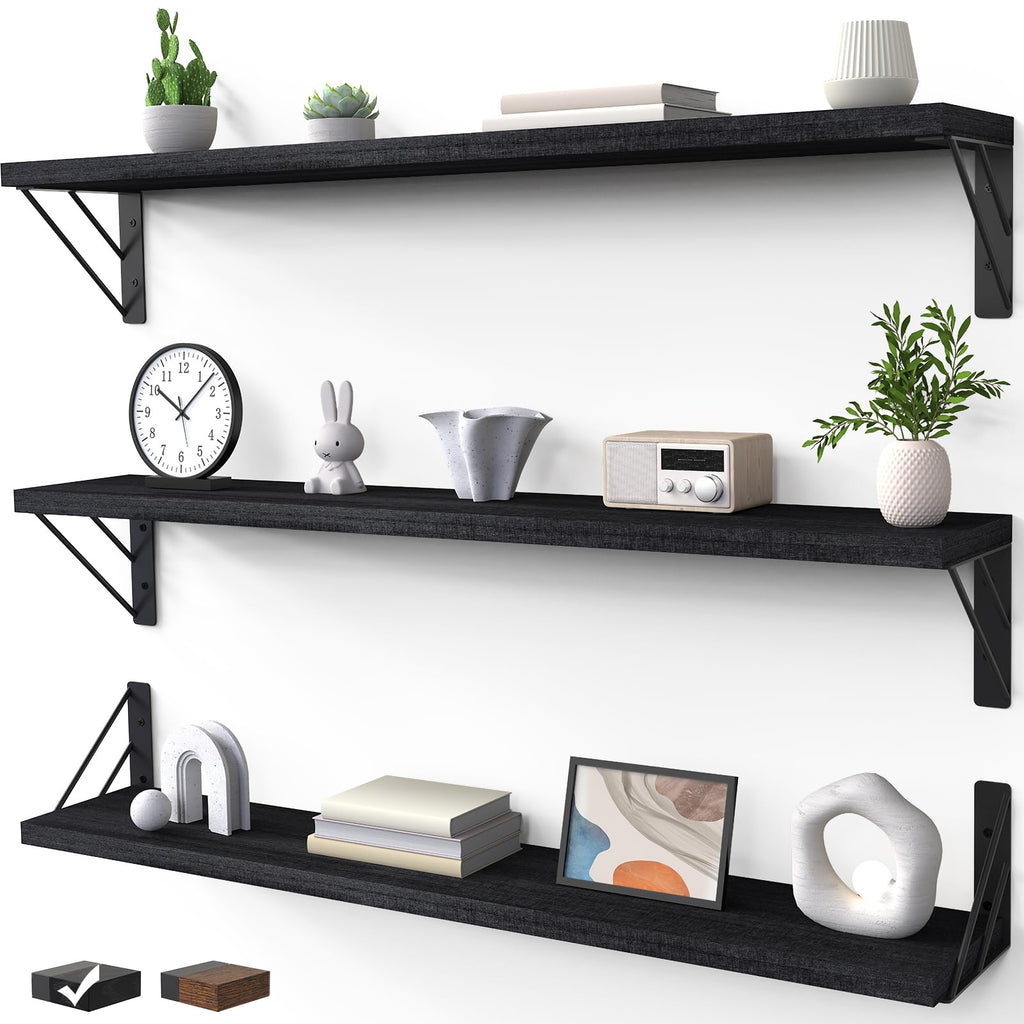 Bayka Wall Shelves for Bedroom Decor, Floating Wall Shelves for Living Room Kitchen Storage, Wall Mounted Rustic Wood Shelves for Kids Books, Small Shelf for Bathroom(Rustic Brown，Set of 3)