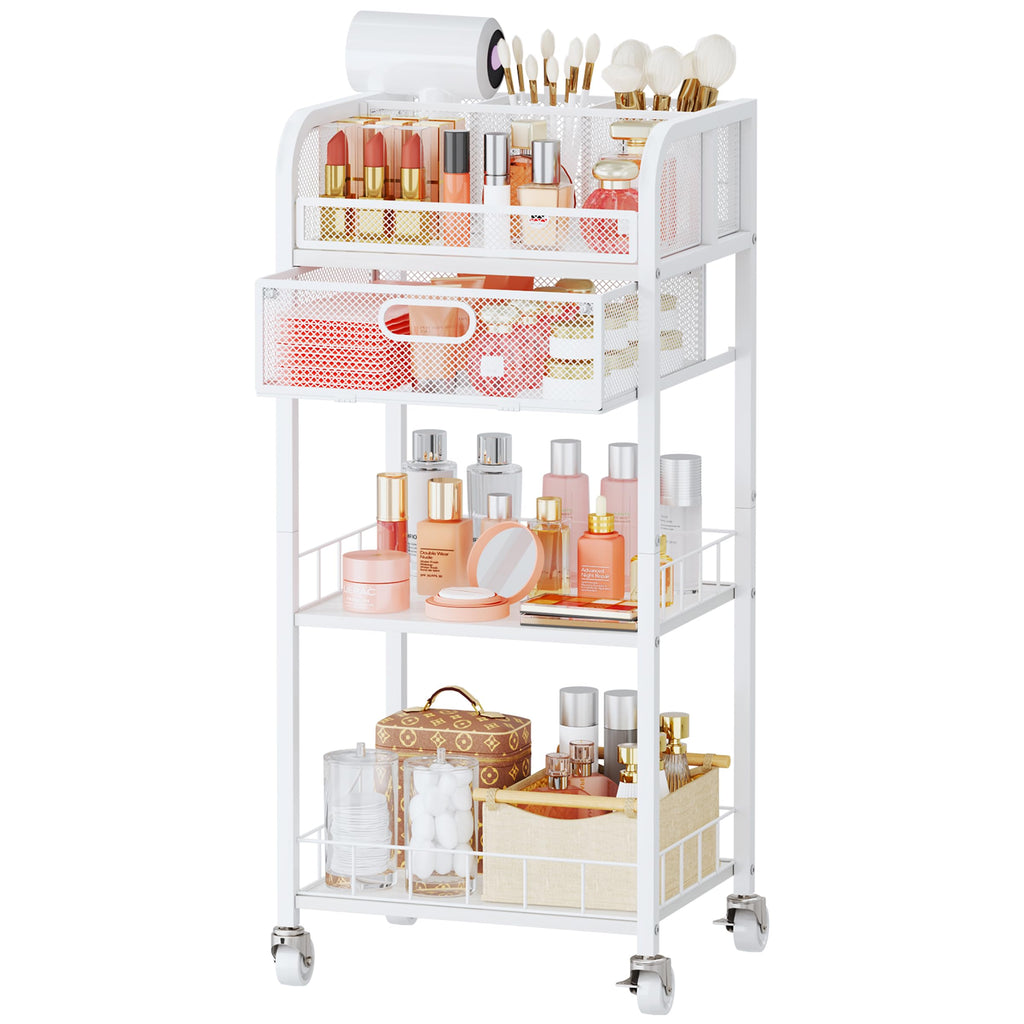 HapiRm Rolling Cart Makeup Organizer - Metal Makeup Cart with Wheels and Drawers for Small Spaces & Messy Vanities, Space-Saving Beauty Cosmetics Cart Storage Cabinet Stand for Perfume Hair Tools