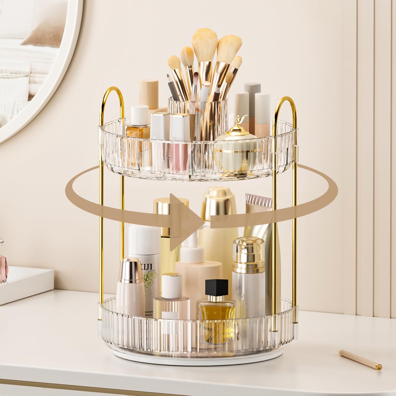 360° Rotating Makeup Organizer, Upgraded 3 Tier Skincare Perfume Organizers for Women, Bathroom Organizer Countertop, Clear Cosmetic Dresser Organizer with Makeup Brush Holder, Sink&Counter(Amber)