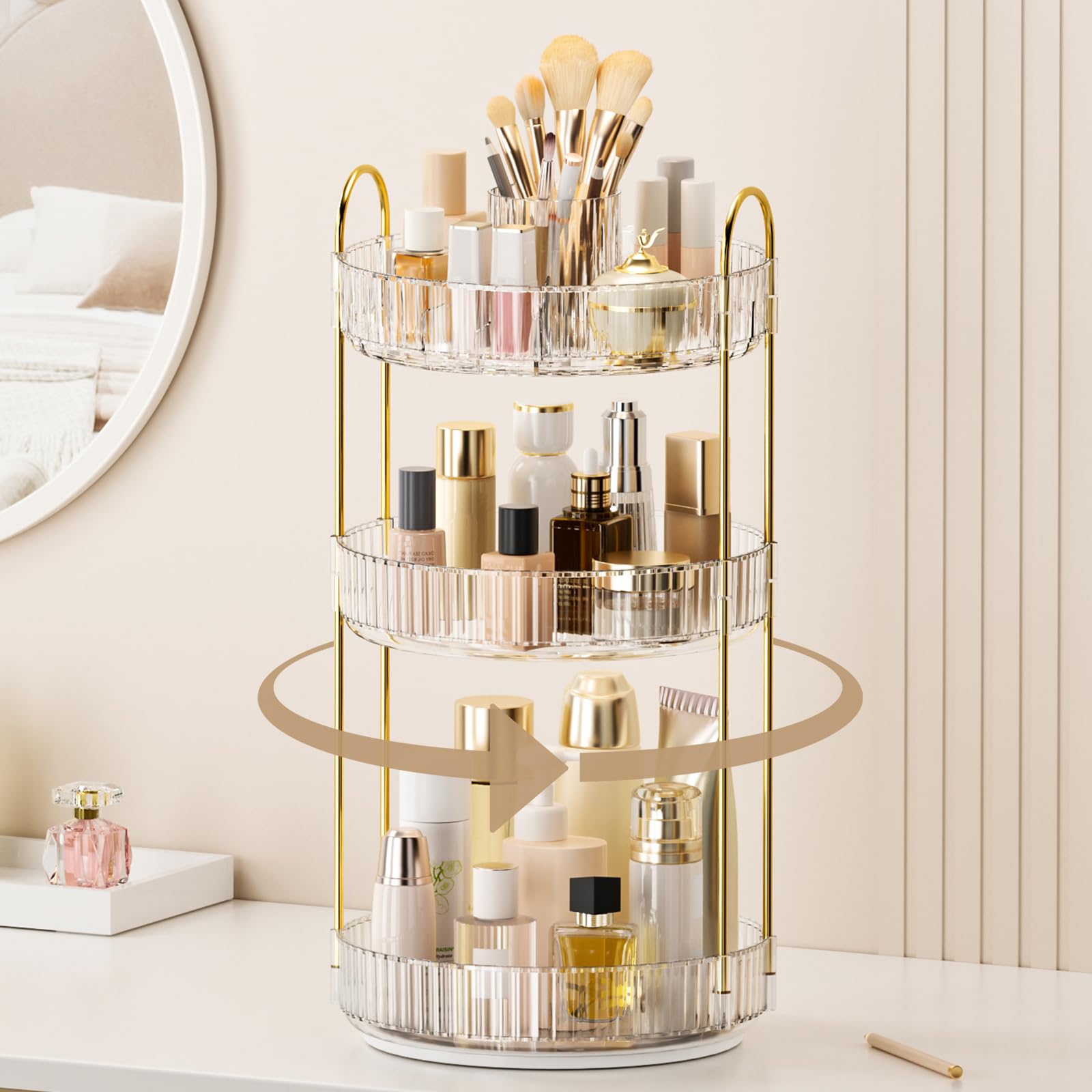 360° Rotating Makeup Organizer, Upgraded 3 Tier Skincare Perfume Organizers for Women, Bathroom Organizer Countertop, Clear Cosmetic Dresser Organizer with Makeup Brush Holder, Sink&Counter(Amber)