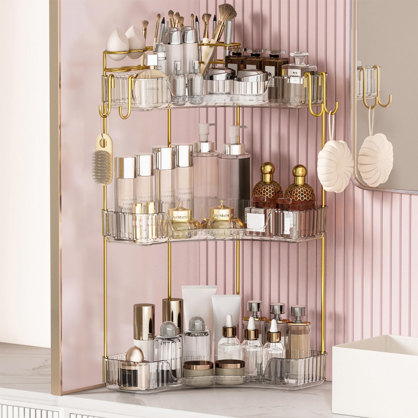 2-Tier Corner Bathroom Counter Organizer，Makeup & Skincare Shelf with Built-in Brush Holder，Space-Saving Bathroom Countertop Organizer for Skincare, Perfume, Cosmetics(Clear)