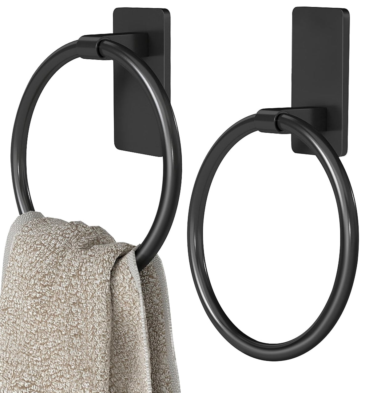 STWWO Hand Towel Holder for Bathroom, Adhesive Round Towel Ring, Black