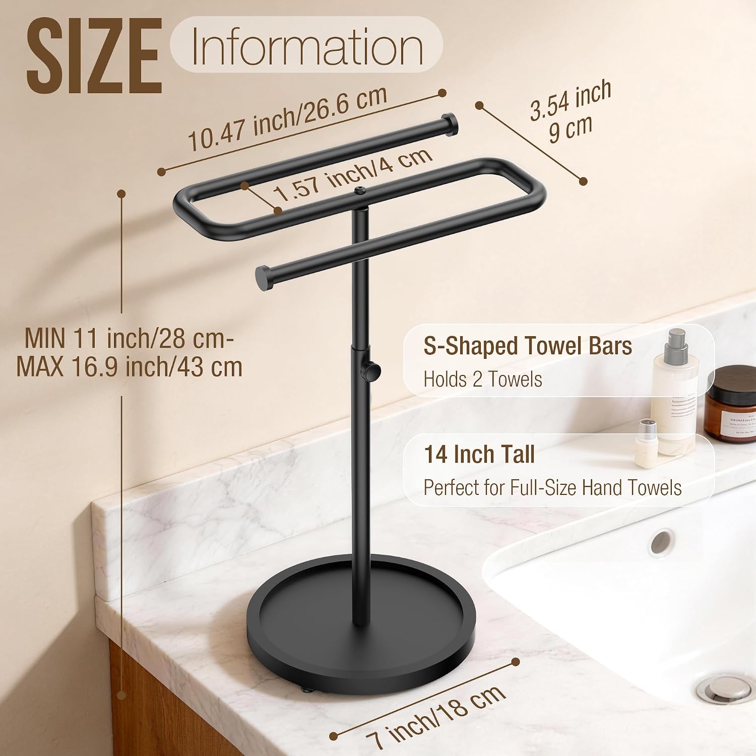 Aetyord S-Shape Countertop Towel Holder - Height Adjustable for Bathroom/Kitchen/RV | Rustproof Metal & Wood Base All Black