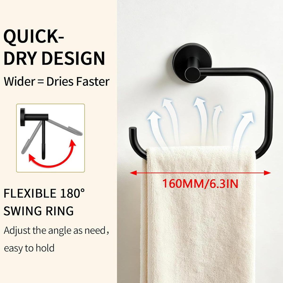 STWWO Hand Towel Holder, 180° Swievl C Shape SquareTowel Ring, Matte Black