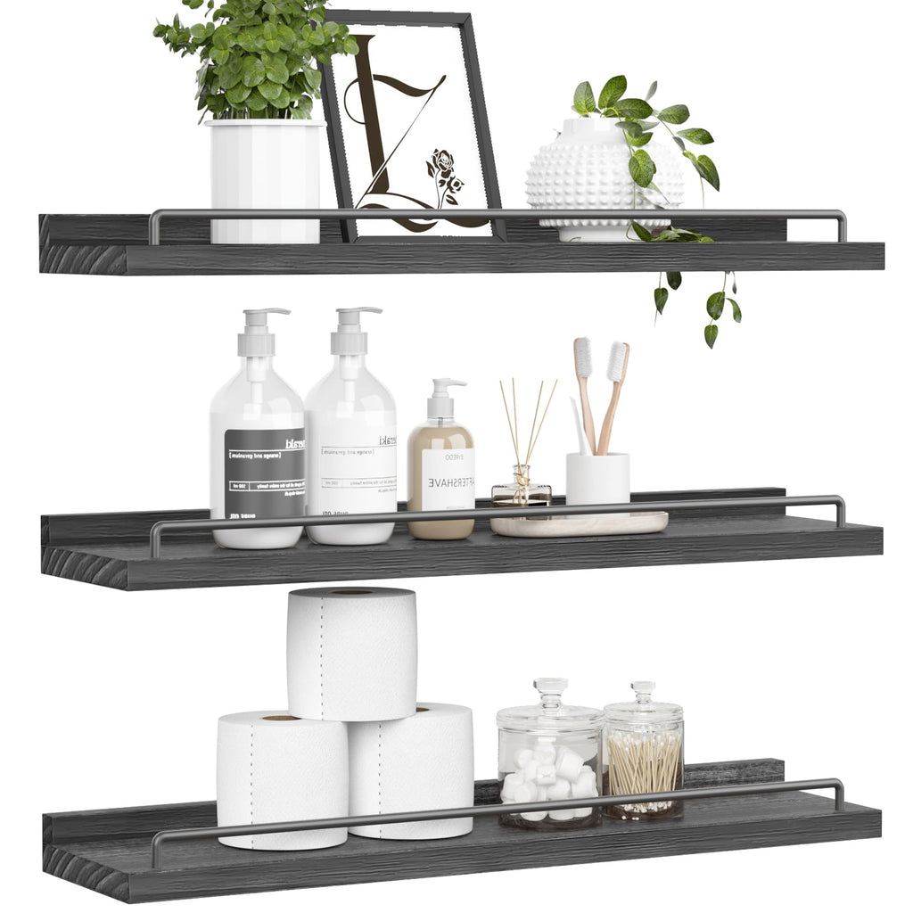 RYOFOBETTO Floating Shelves for Wall Decor Bathroom Shelves Over Toilet, Farmhouse Wall Shelves for Living Room, Bedroom, Picture Frames, Plants, Kitchen (Black, Set of 3)