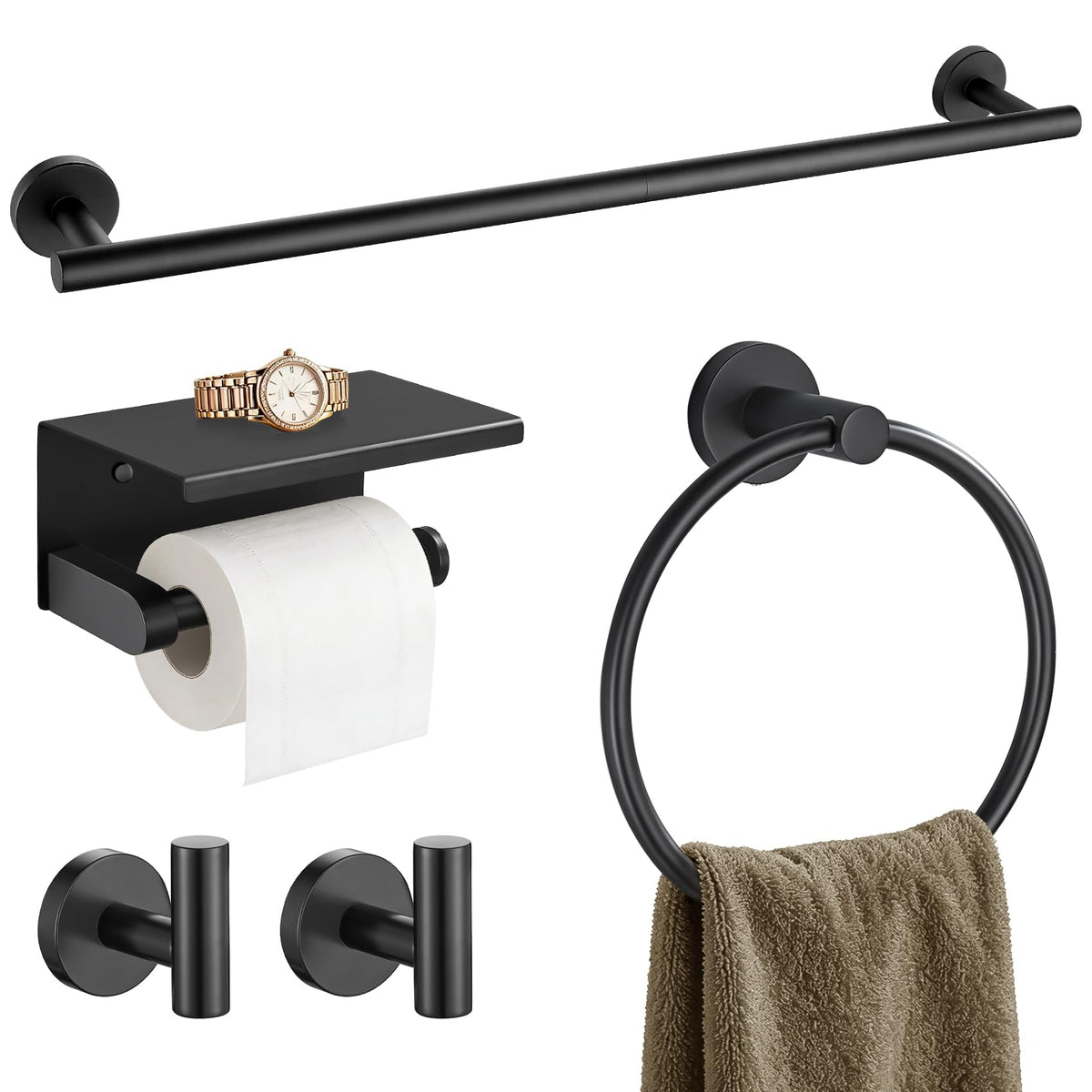 TURS Brushed Gold 5 Piece Bathroom Hardware Set, SUS304 Stainless Steel 24 Inch Bath Towel Bar Set, Round Bathroom Accessories Kit Wall Mounted
