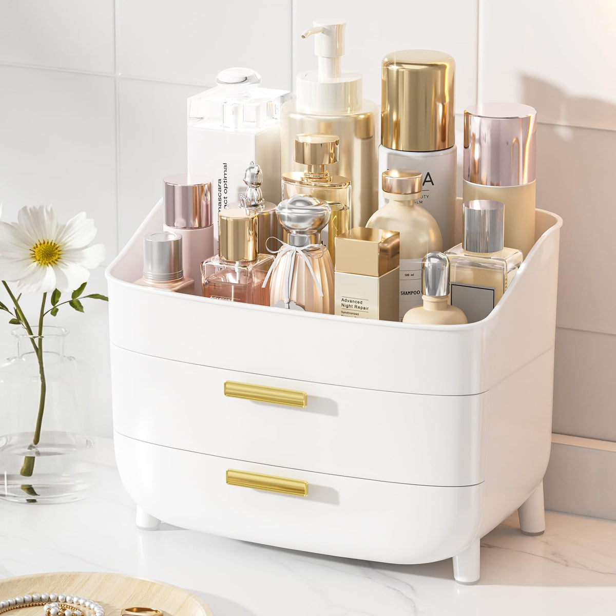 Vtopmart 3-Tier Skincare Makeup Organizer with Drawer and LId, White