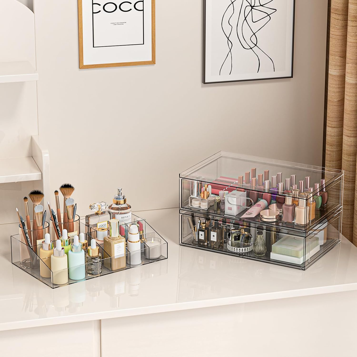 Clear Stackable Makeup Organizer with Drawer, 12''W Acrylic Storage Drawers