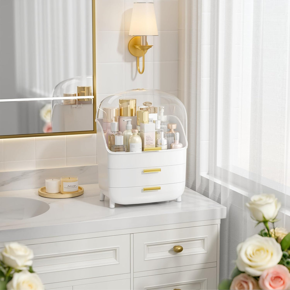 Vtopmart 3-Tier Skincare Makeup Organizer with Drawer and LId, White