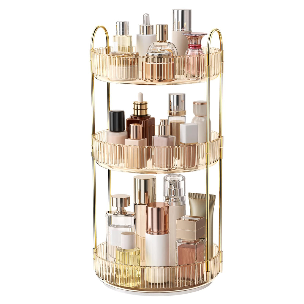 360° Rotating Makeup Organizer, Large-Capacity Skincare Make Up Storage 3 Tier Perfume Organizers Cosmetic Dresser Organizer with Makeup Brush Holder, Fits Bedroom, Bathroom, Vanity Shelf Countertop