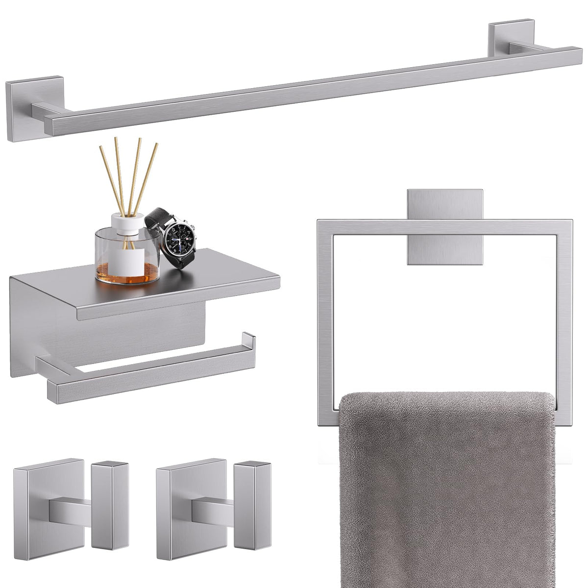 TQKAG 5-Pieces Brushed Gold Bathroom Hardware Accessories Set 23.6" SUS304 Stainless Steel Towel Bar Set Wall Mounted Square Toilet Paper Holder with Shelf