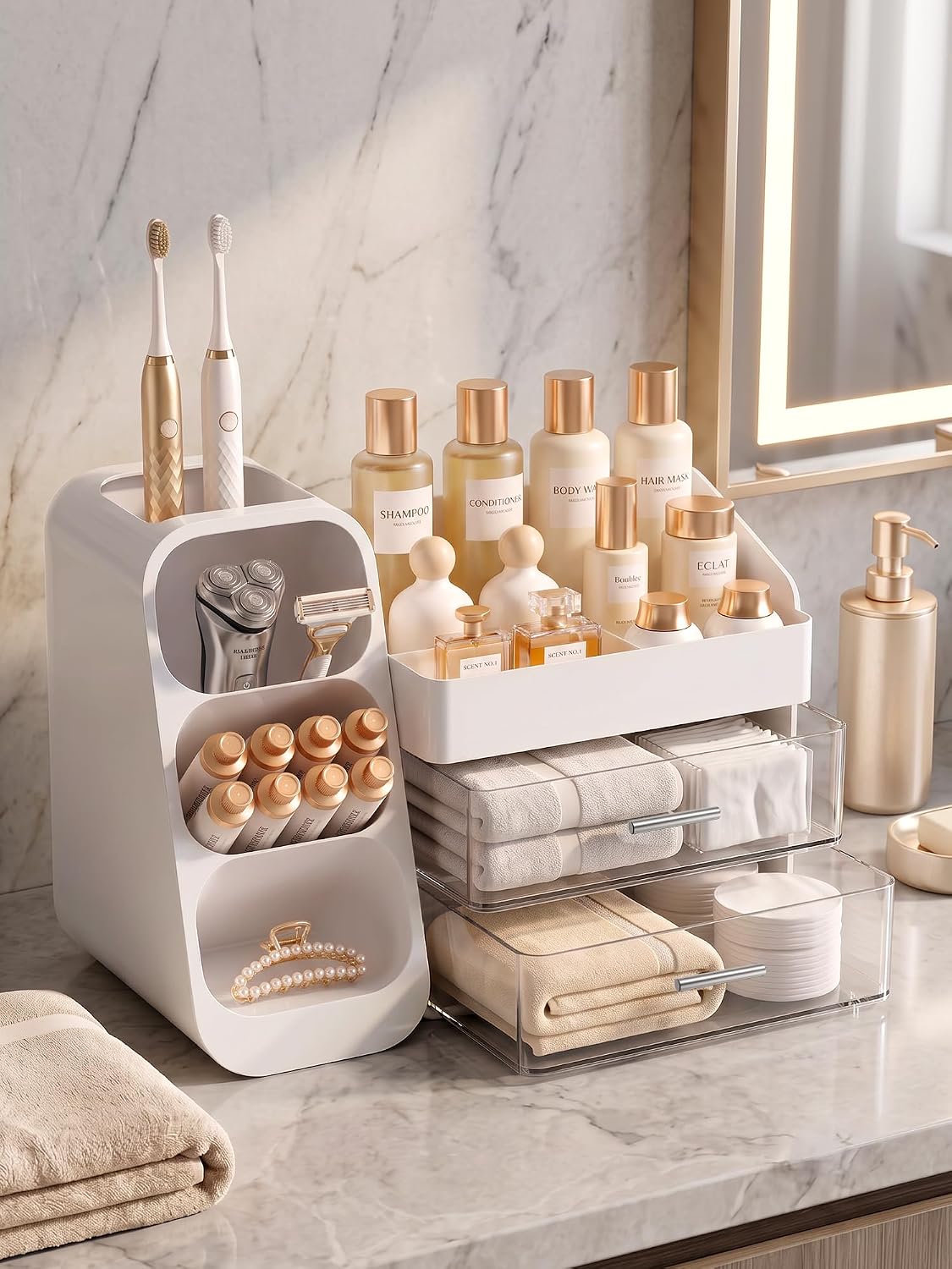 Booklov Large Makeup Organizer for Vanity Countertop, White