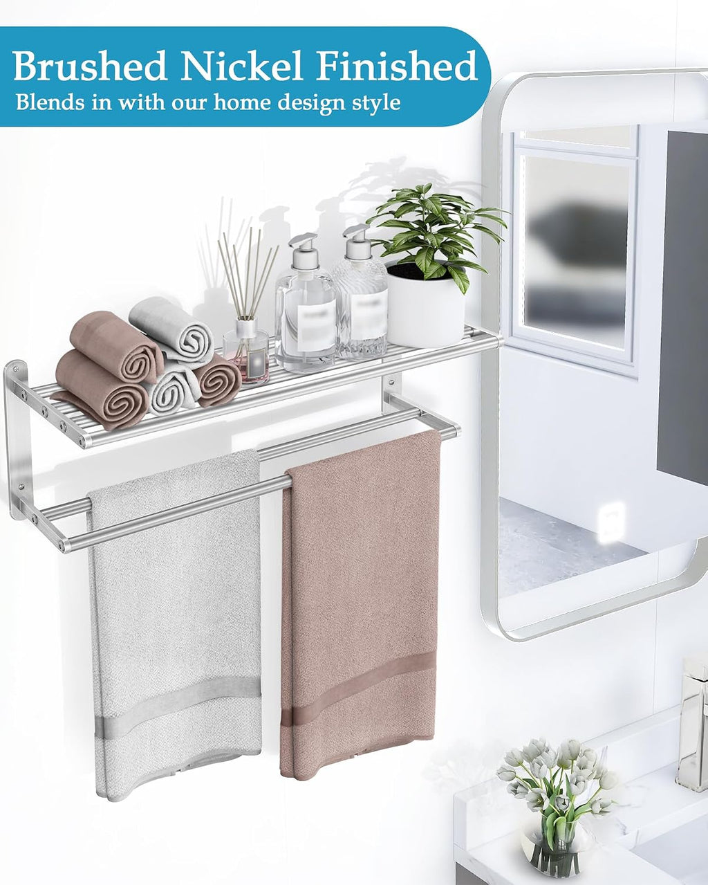 VOTZAAQ Towel Racks for Bathroom - 24 in Bath Towel Shelf with Double Towel Bar, Stainless Steel Towel Storage for Lavatory Wall Mounted, 2-Tier Towel Hanger Towel Holder, Brushed Nickel