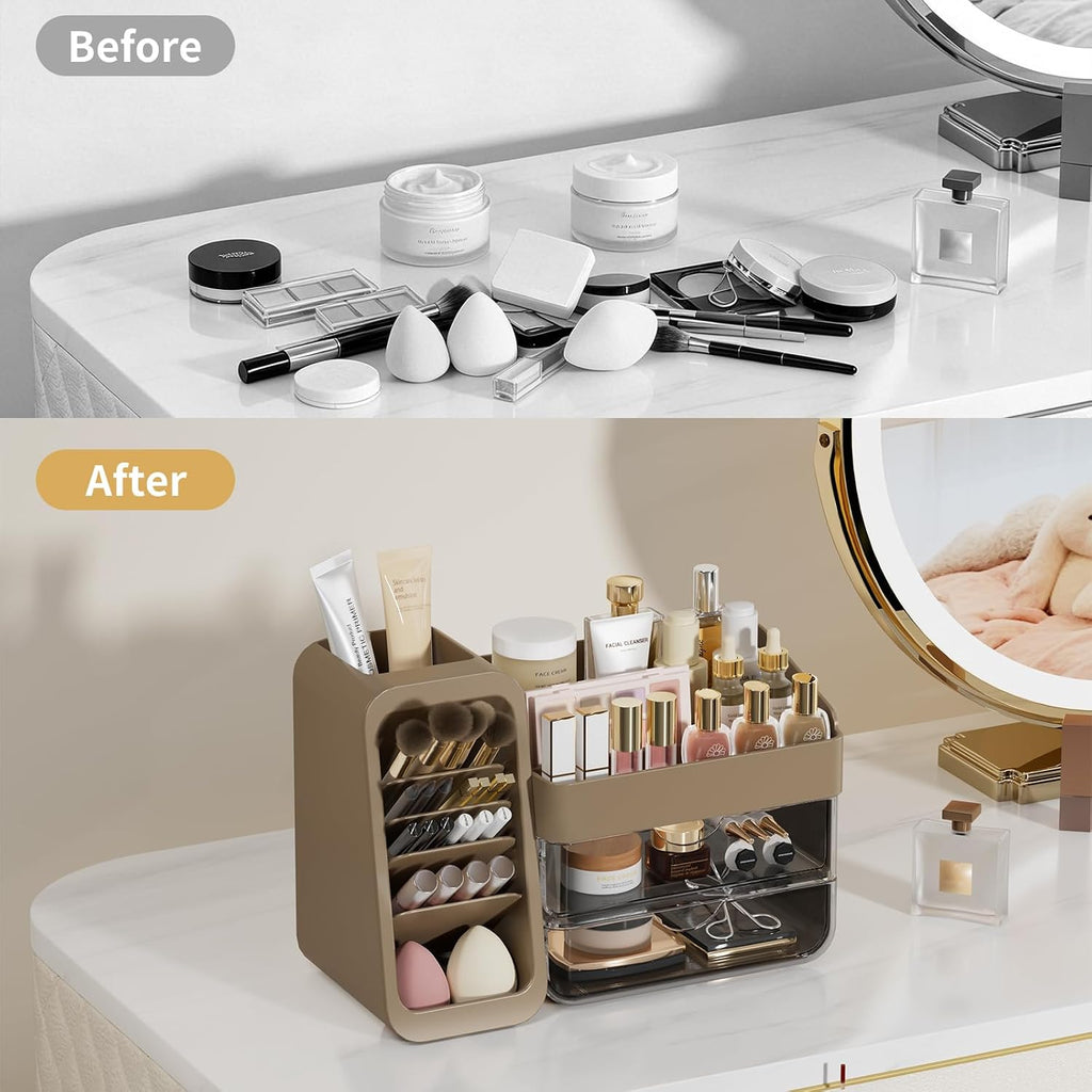 Countertop Makeup Skincare Organizer with Adjustable Brush Holder, Taupe