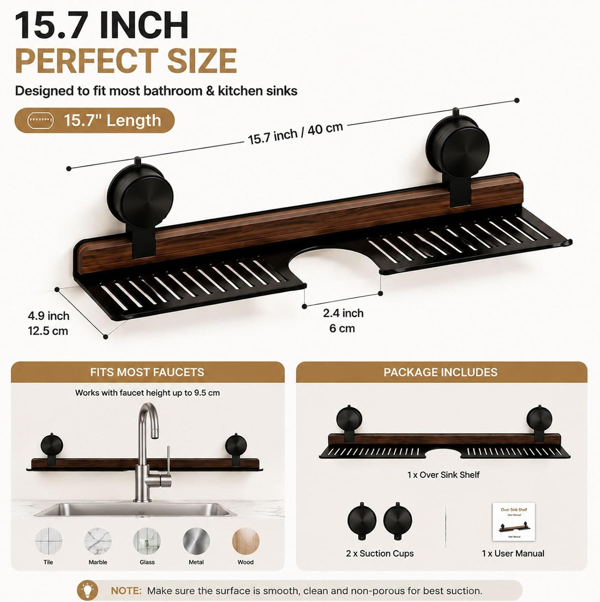 Bathroom Over Sink Shelf, 15.7 Inch No Drill Sink Organizer