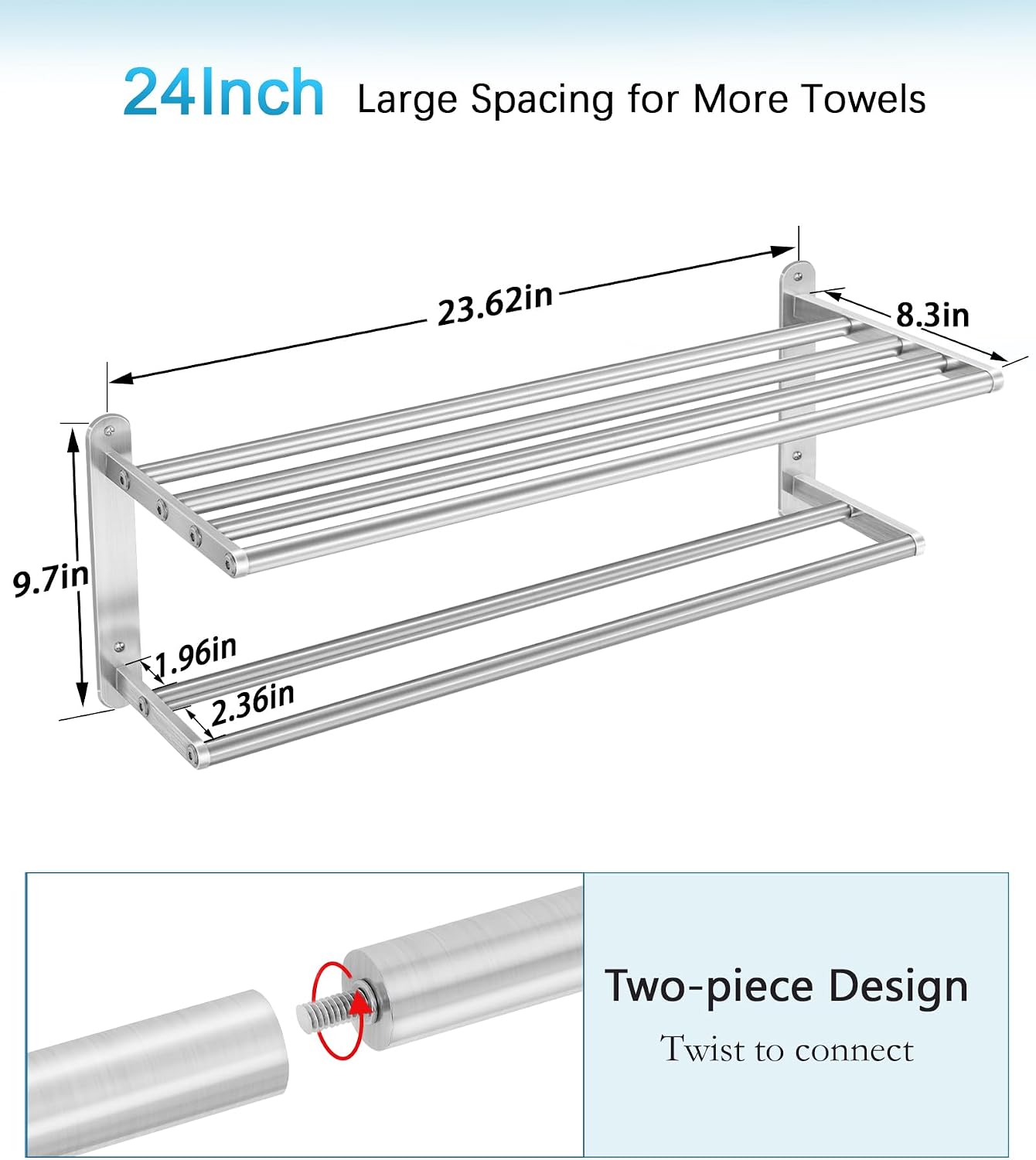 VOTZAAQ Towel Racks for Bathroom - 24 in Bath Towel Shelf with Double Towel Bar, Stainless Steel Towel Storage for Lavatory Wall Mounted, 2-Tier Towel Hanger Towel Holder, Brushed Nickel