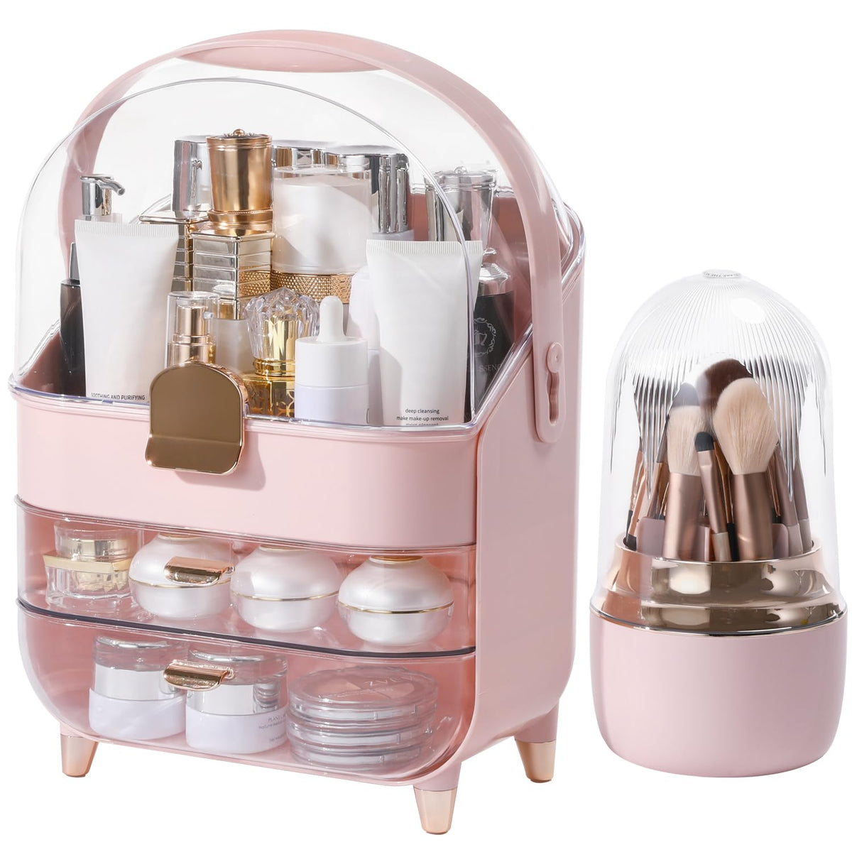 Makeup Organizer for Vanity with Brush Holder, Lid and 2 Drawers, Rose Gold