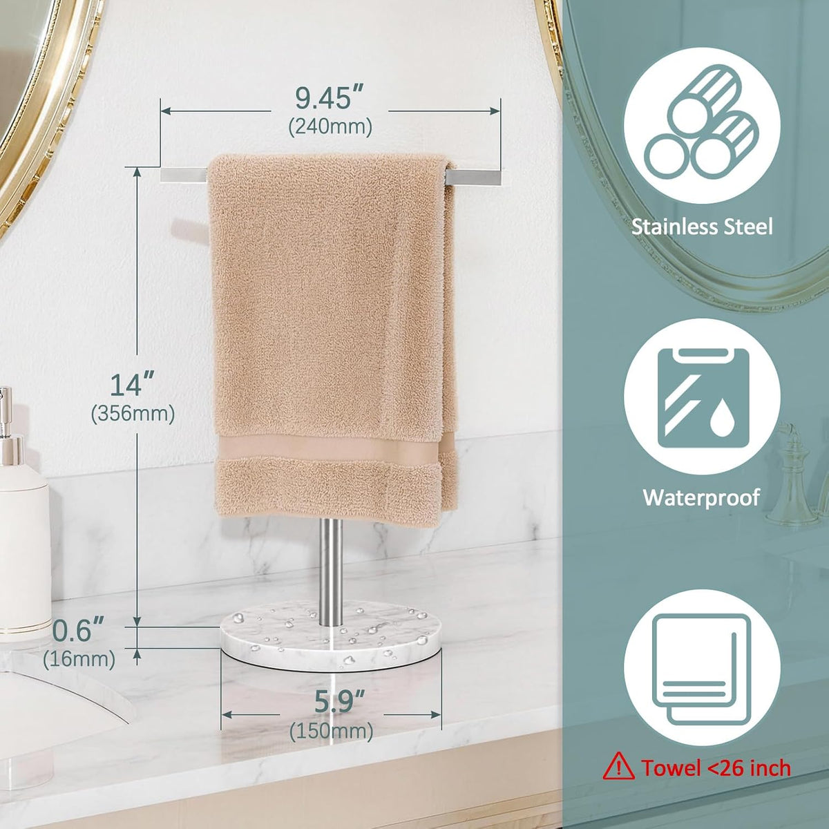 Gypie Hand Towel Holder Stand Countertop T-Shape, Brushed Nickel