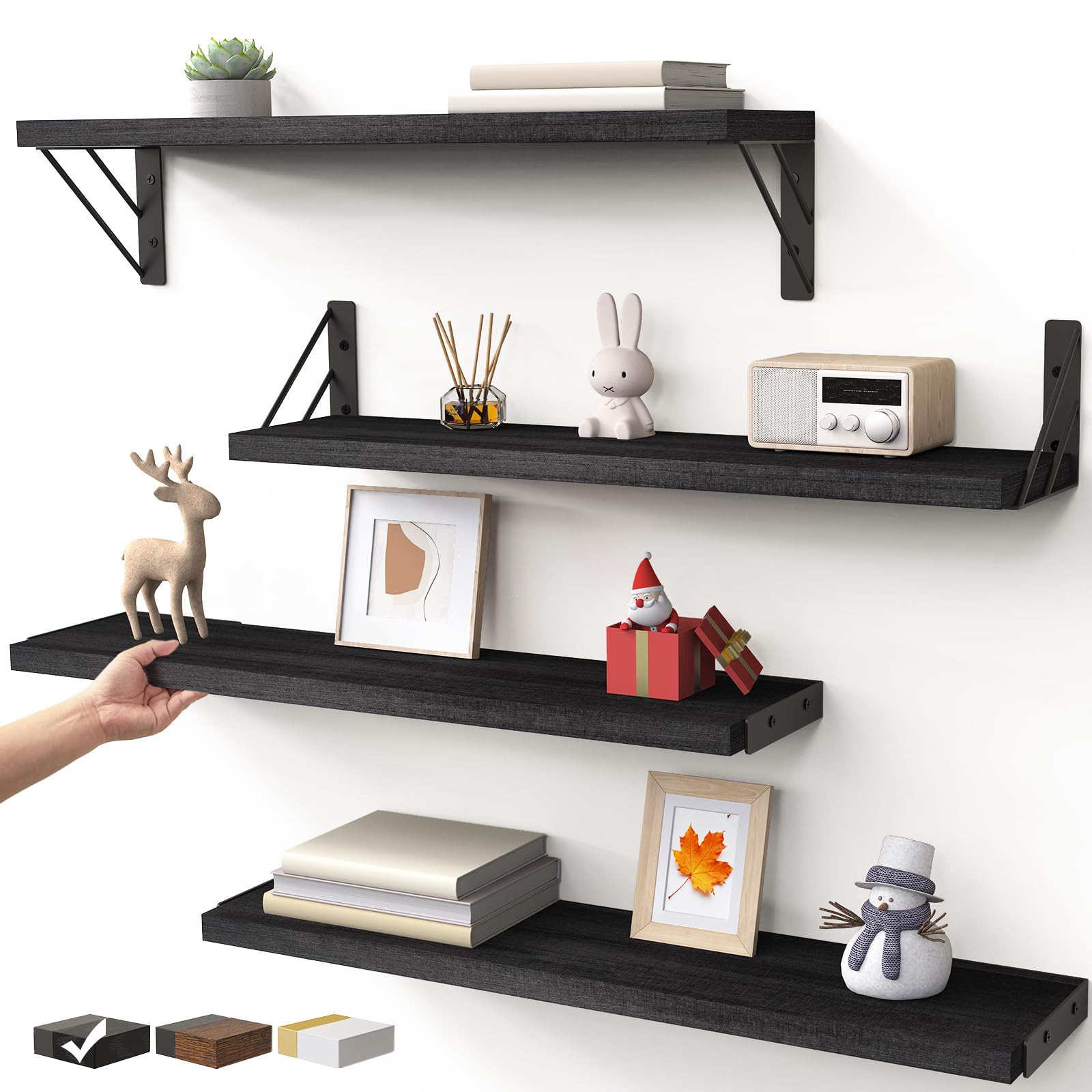Bayka Wall Shelves for Bedroom Decor, Floating Wall Shelves for Living Room Kitchen Storage, Wall Mounted Rustic Wood Shelves for Kids Books, Small Shelf for Bathroom(Rustic Brown，Set of 3)
