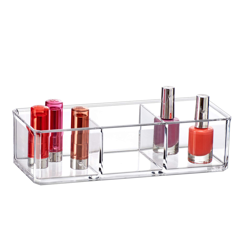 Amazing Abby - Glamour - 2-Pack Acrylic 3-Compartment Makeup Organizer, Transparent Plastic Lipstick Holder, Perfect Bathroom Vanity Storage Solution for Lipsticks, Nail Polishes, and More