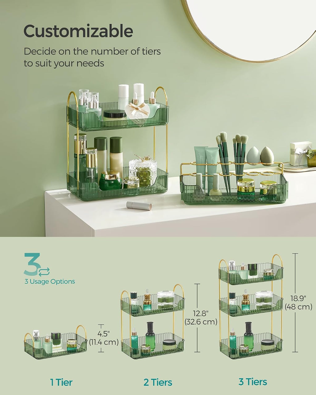SONGMICS 3-Tier Makeup Organizer, Square, Customizable