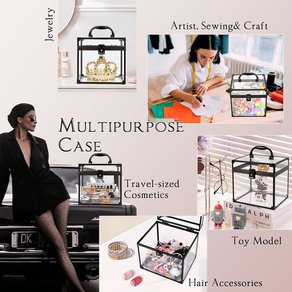 Costravio Clear Makeup Case Crown Box Toiletry Organizer Case Transparent Train Case with Latches Travel Artists Display Case for Vanity Bathroom Counter Dresser Craft Toys Case Makeup Tools Box