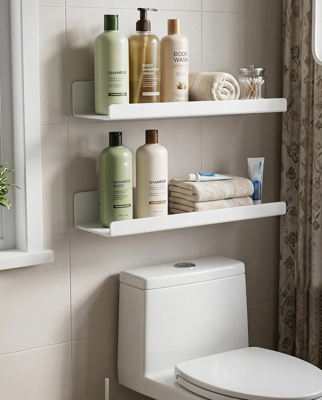 White Acrylic Bathroom Shelf Wall Mounted Floating Organizer with Front Lip
