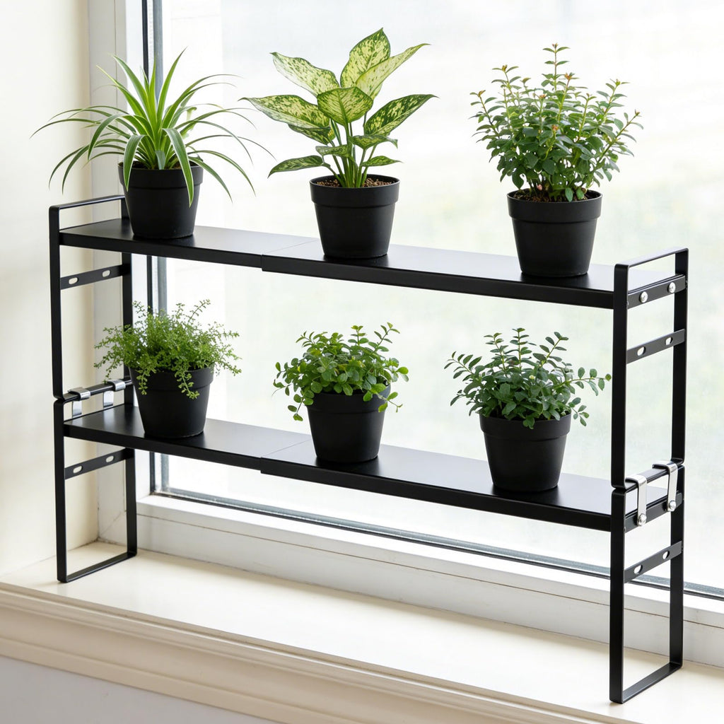 2pcs Expandable Window Sill Plant Shelf, Narrow Expandable Window Shelf for Plants Kitchen Sink Organizer Stackable Shelves for Kitchen Counter, Windowsill Plants, Bathroom Vanity (White)