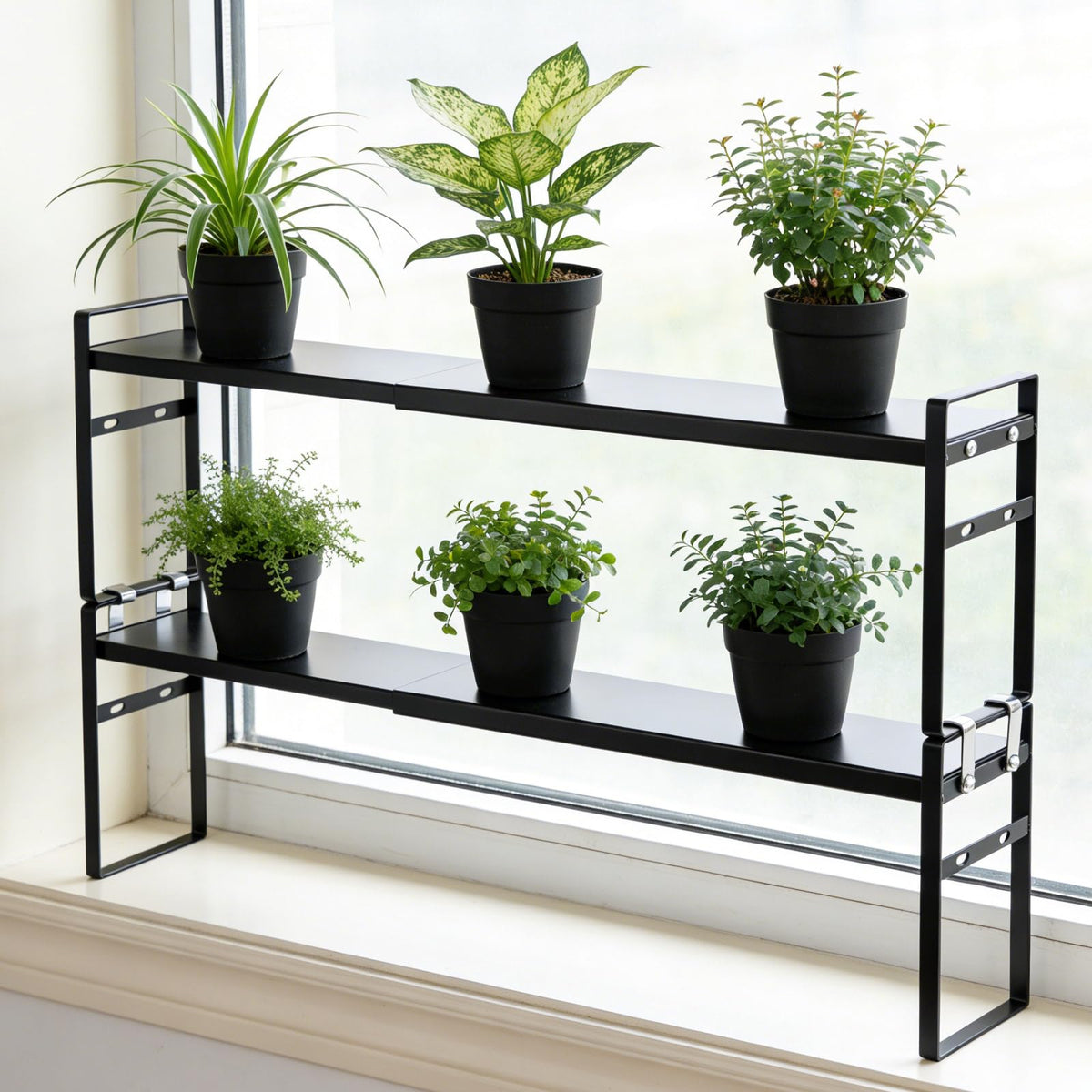 2pcs Expandable Window Sill Plant Shelf, Narrow Expandable Window Shelf for Plants Kitchen Sink Organizer Stackable Shelves for Kitchen Counter, Windowsill Plants, Bathroom Vanity (White)