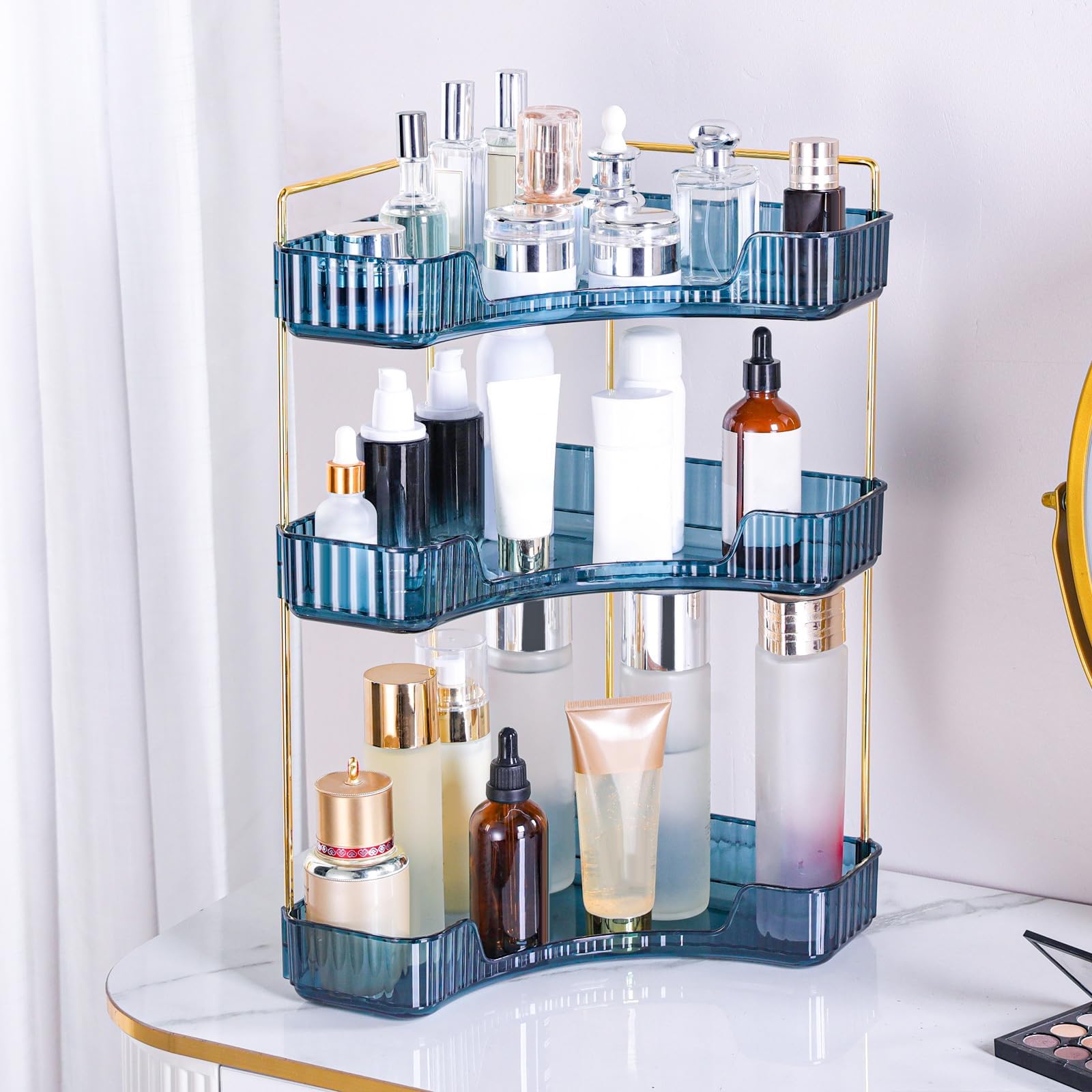 Corner Bathroom Counter Organizer Bathroom Countertop Shelf Makeup Organizer for Vanity Perfume Tray for Corner Storage (2 Tiers, Blue)