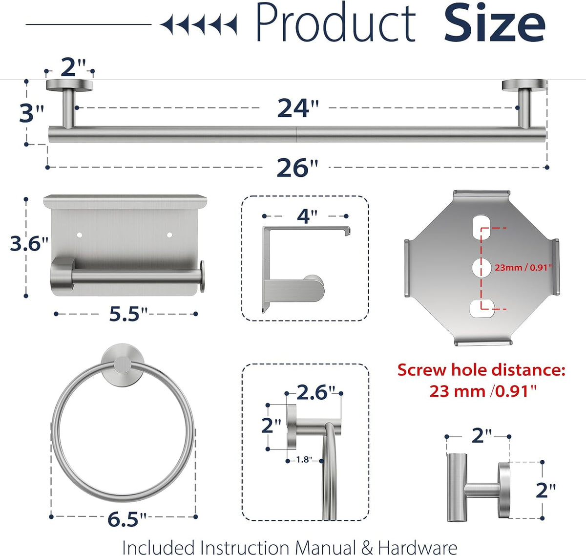 5-Piece Brushed Nickel Bathroom Towel Bar Set,24" Bathroom Hardware Kit