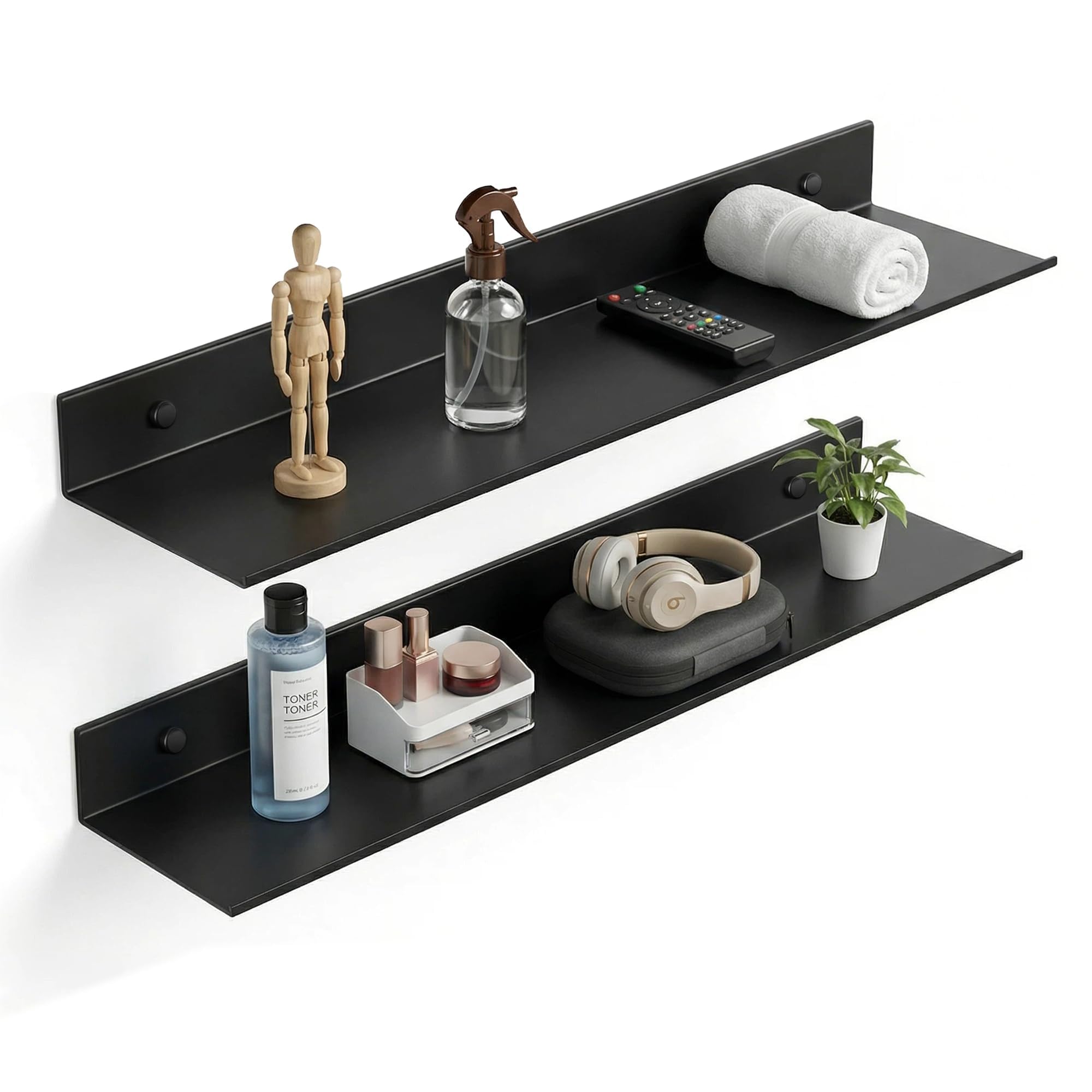Z metnal Bathroom Shelf, Floating Shelves, Metal Display Wall Shelf, Aluminum, Wall Mounted, Matt Black,16 inch, 2 Pack