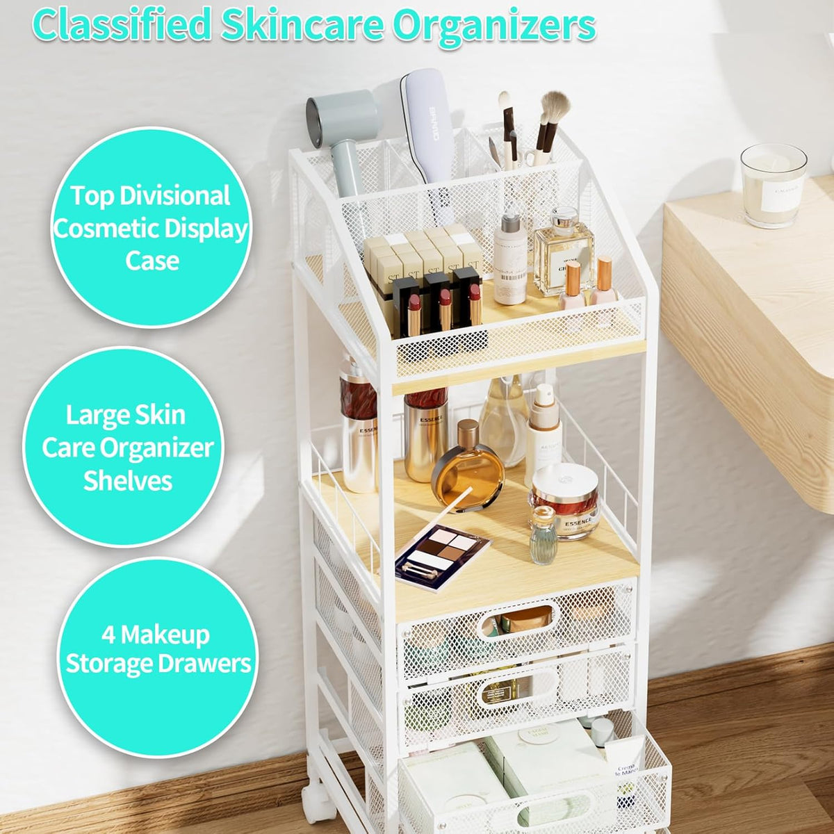 HapiRm Rolling Cart Makeup Organizer - Metal Makeup Cart with Wheels and Drawers for Small Spaces & Messy Vanities, Space-Saving Beauty Cosmetics Cart Storage Cabinet Stand for Perfume Hair Tools