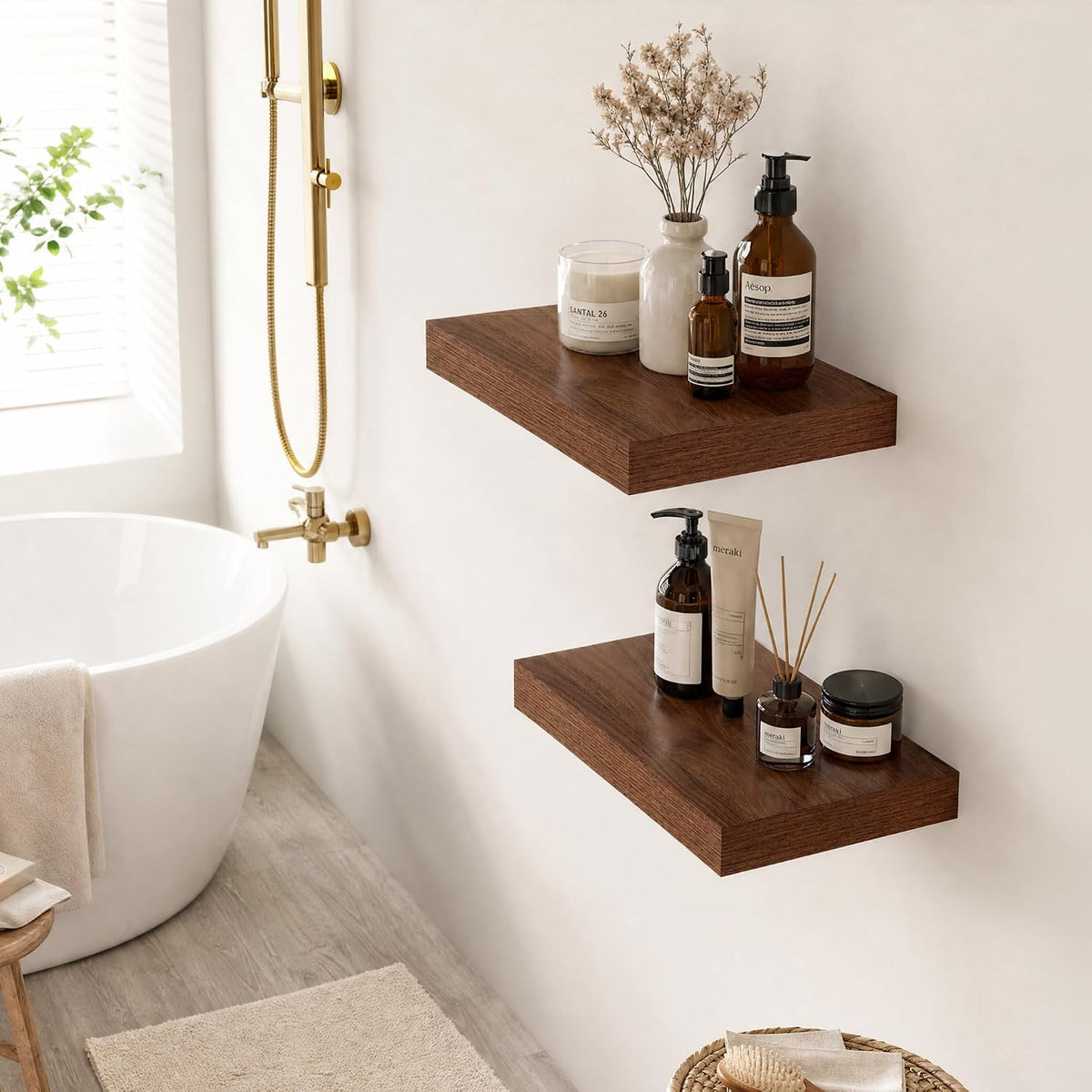 Deep Floating Shelves for Wall, 12 Inch Wide Small Wall Shelves Set of 2, 2 Inch Thick Invisible Wall Mounted Shelves for Bathroom Bedroom Nursery,Walnut Color