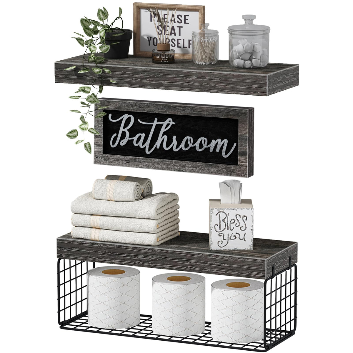 QEEIG ‎Bathroom Shelves with Decor Sign (Black, 15.7")