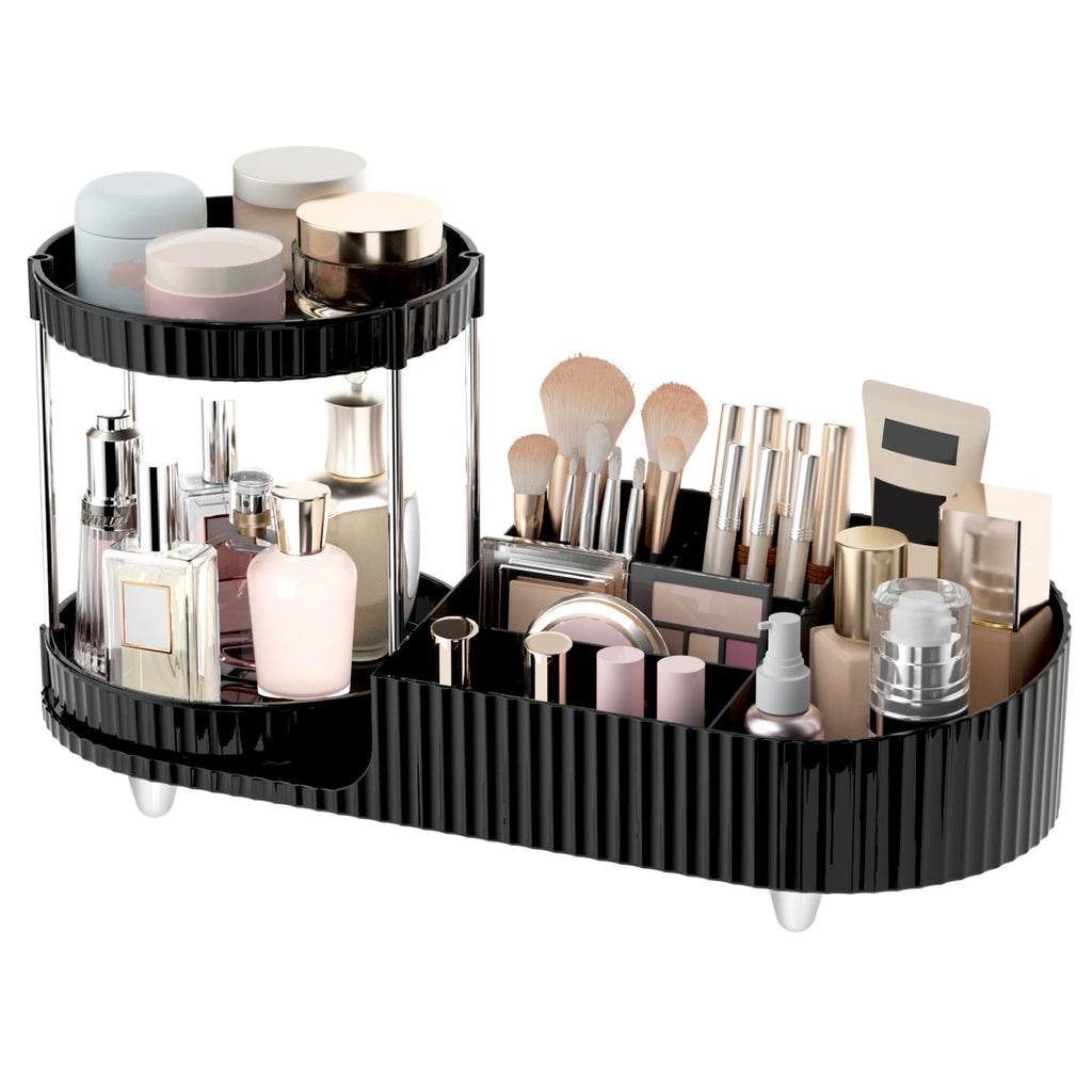 Makeup Organizer Countertop for Vanity, Rotating Perfume Tray with 5-compartment Cosmetic and Skincare Organizers, Multi-Purpose Desk Storage Makeup Brush Holder for Bathroom Bedroom Counter