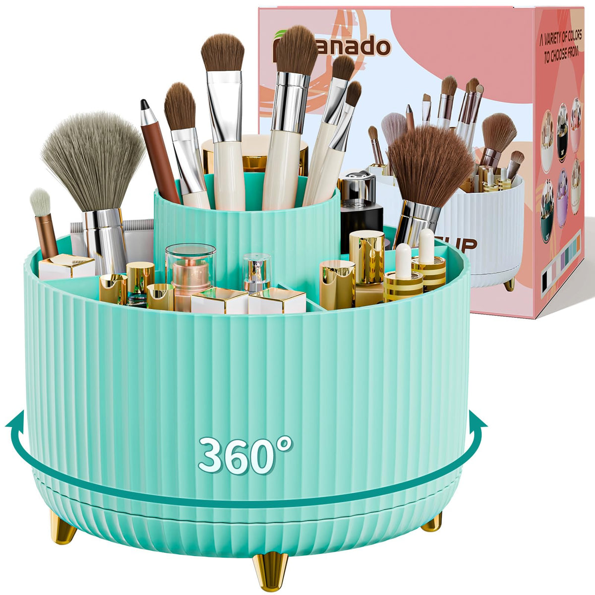 fanado 360° Rotate Makeup Brush Holder Organizer, Makeup Organizers Countertop, Makeup organization and Skincare Storage for Vanity, Desktop, Bathroom (White)