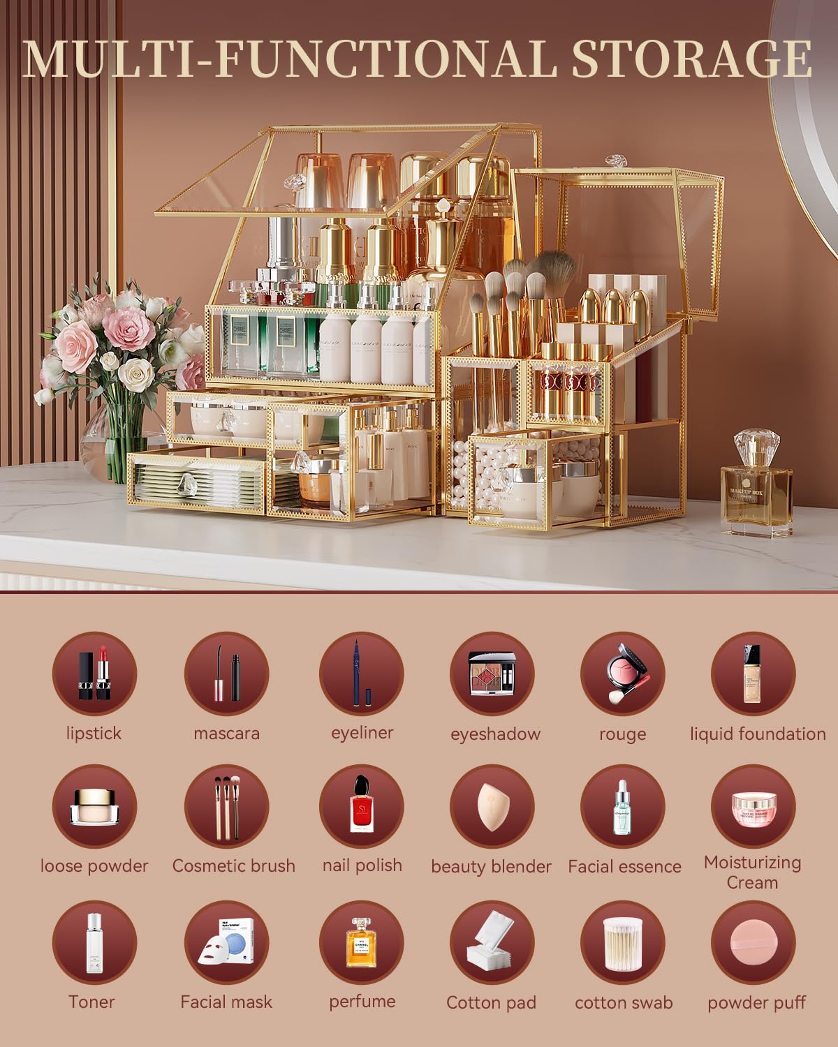 CoralHouse Glass Makeup Organizer with Brush Holder for Vanity