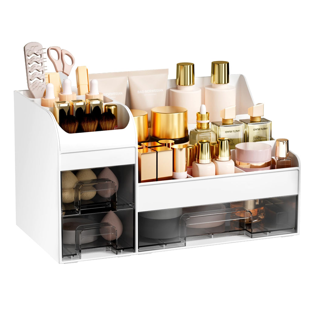 Extra Large Makeup Organizer for Vanity,Countertop Organizer with Drawers and Brush Holder,Men’s Cologne Organizer for Bathroom,Cosmetic Skin Storage for Lipsticks,Nail Polish & Shaving Lotion,Black