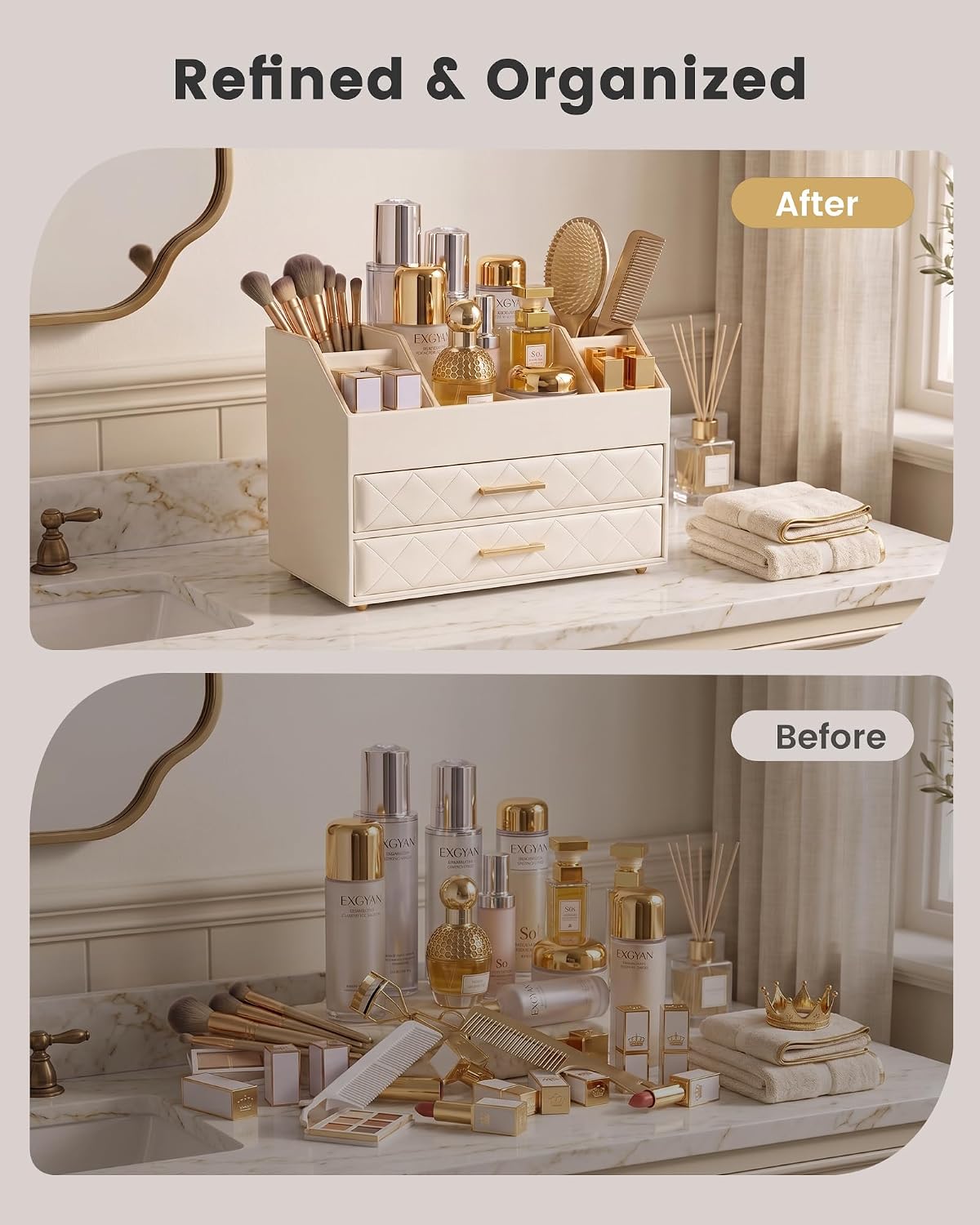 Lolalet 3-Layer PU Leather Makeup Organizer for Cosmetic Vanity -Beige