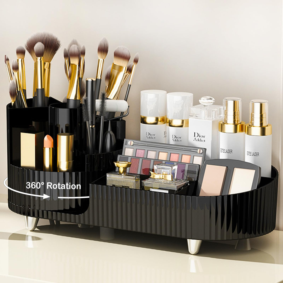 Rotating Makeup Organizer for Vanity with Brush Holder and Drawer, Cosmetic Makeup Storage, Large Spinning Makeup Skincare Organizer, Countertop Makeup Perfume Organizer, Lotions Display Case (Green)