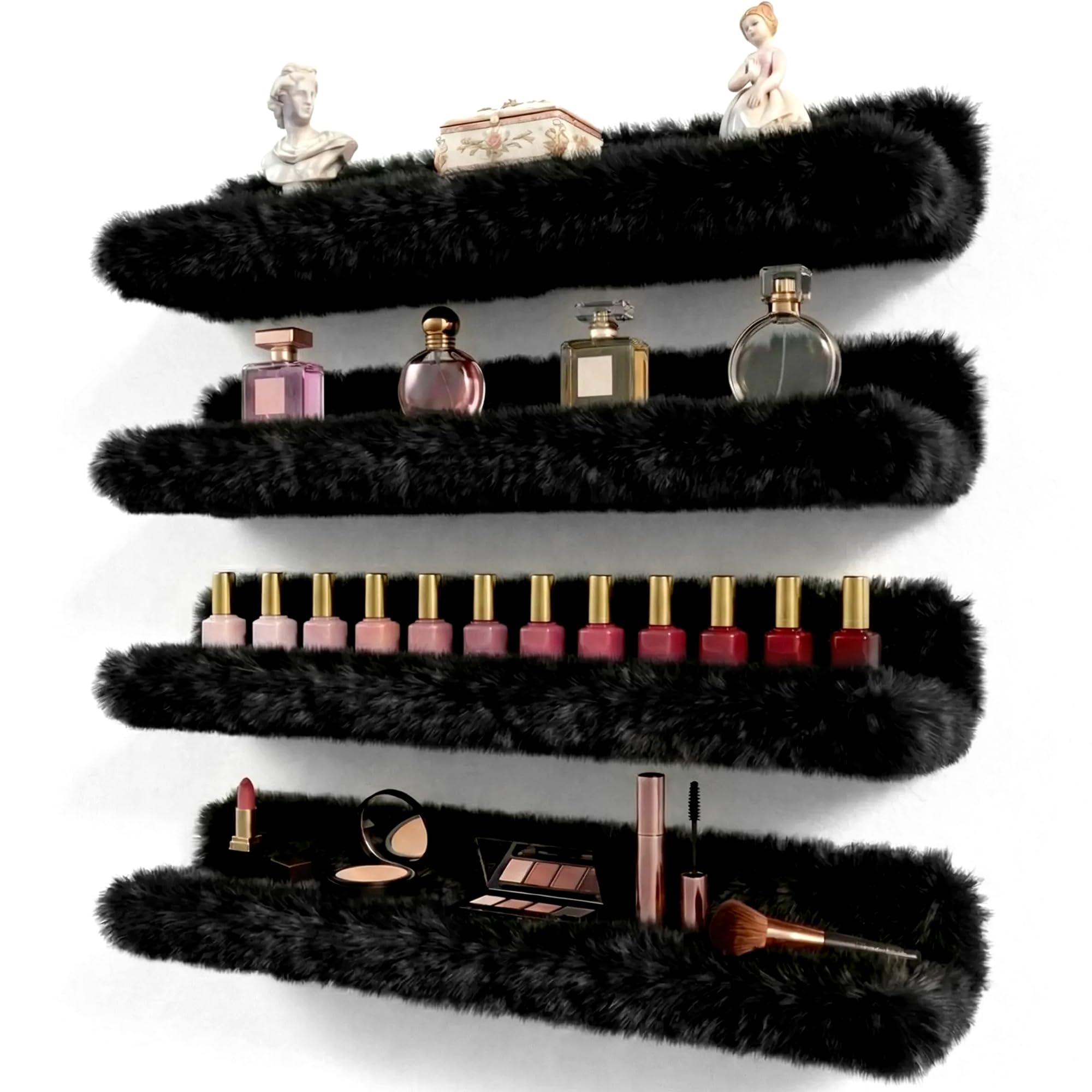 Care&More YJ 15 Inch Nail Polish Shelves, 4-Pack Fuzzy Display Nail Polish Rack for Storing Nail Bottles, Sunglasses, Essential Oils, Plush Soft Pink
