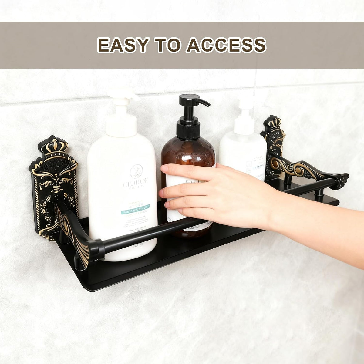 Vintage Bathroom Shelves Wall Mounted with Metal Railing ，Storage Shelves for Bathroom, Kitchen, Living Room & Bedroom (Antique Black, 15.7 Inches)