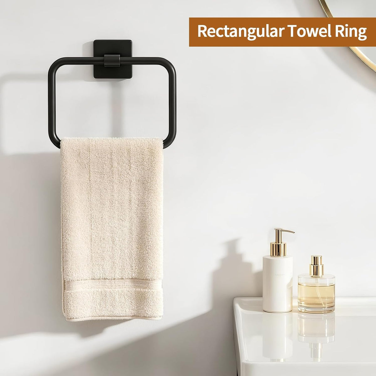Jesginboo Hand Towel Holder for Bathroom,Rectangular Towel Ring, Black