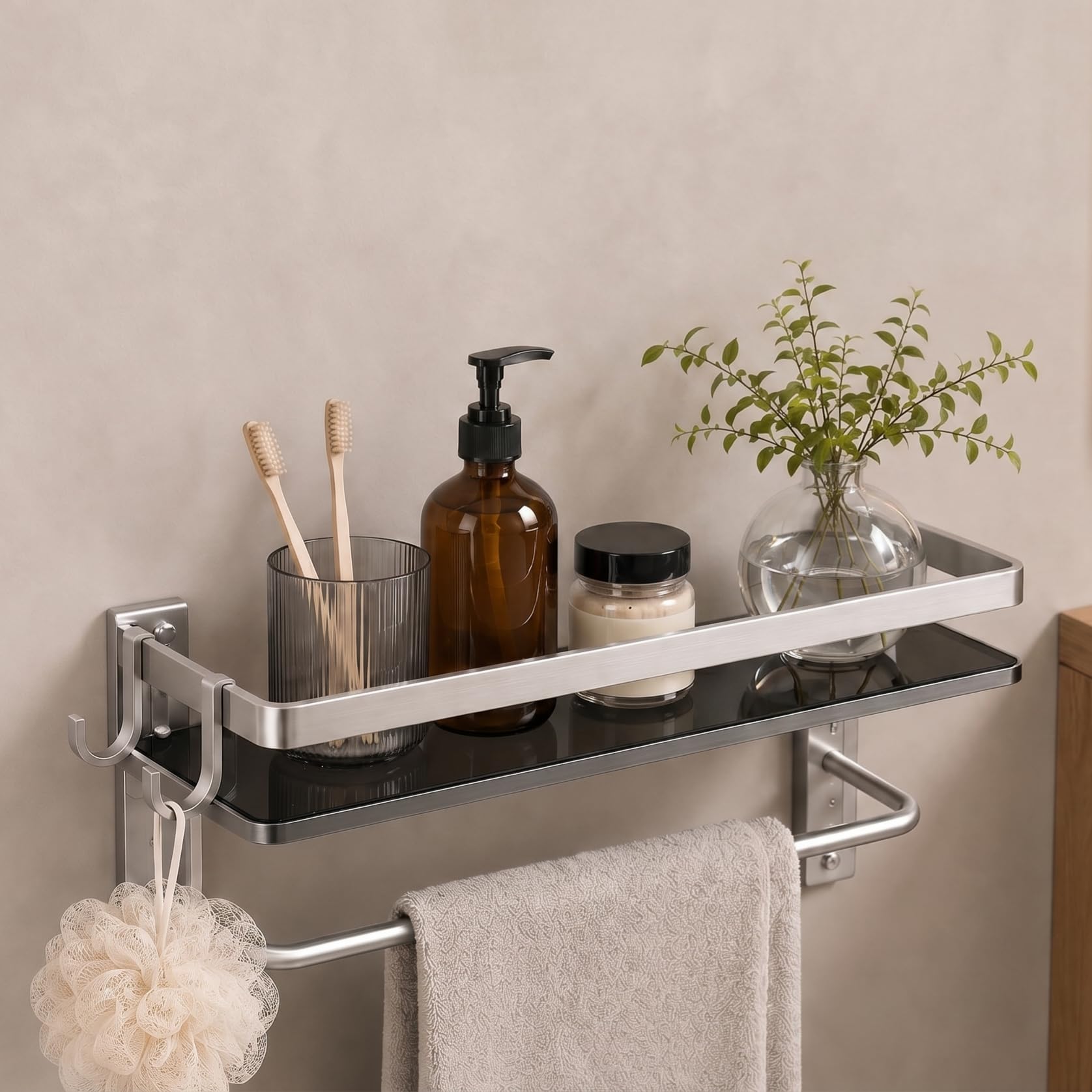 VOLPONE Glass Shelf for Bathroom 15.7 in Black Bathroom Shelves Wall Mounted Tempered Glass Shelving with 4 Removable Hooks (2 Tier)