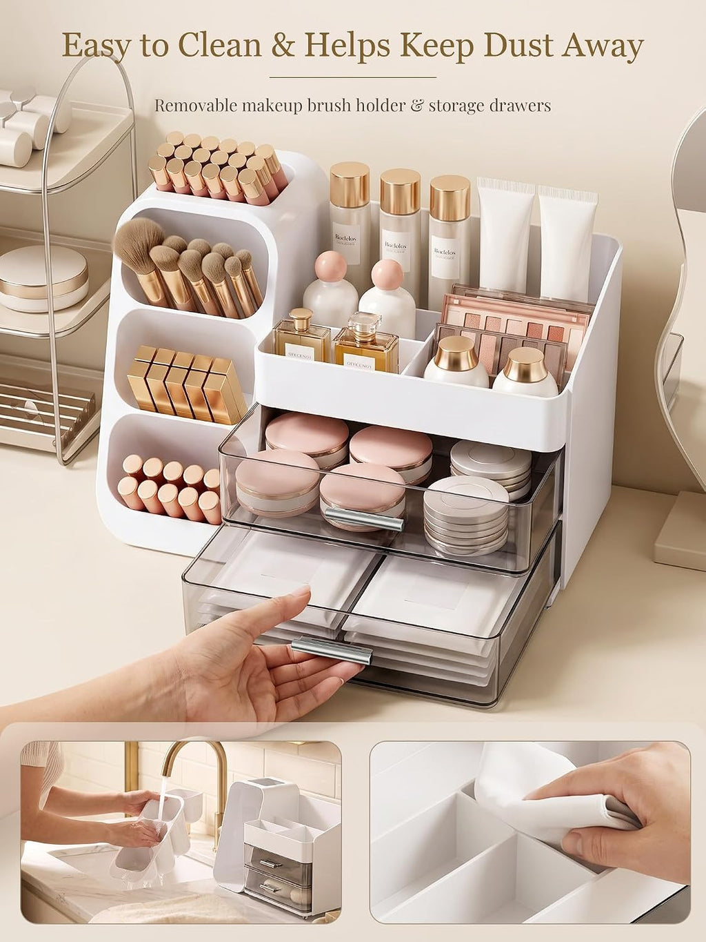 Booklov Large Makeup Organizer for Vanity Countertop, White